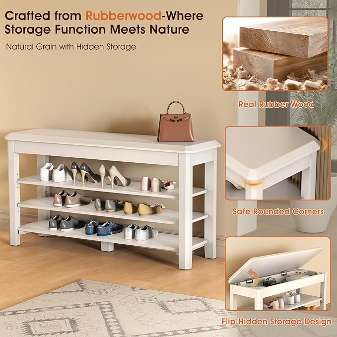 Shoe Rack Bench Seat Rubberwood 3-Tier Wooden Storage Bench 550lbs Compact - Image 6