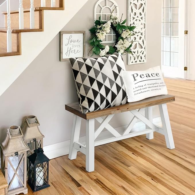 Wnutrees 30" Farmhouse Wood Bench, Rustic Solid Wood Entryway Bench Seat - Image 4