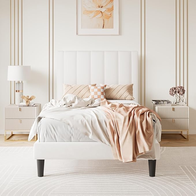 SHA CERLIN Twin Bed Frame/Velvet Upholstered Platform Bed Frame by SHACERLIN