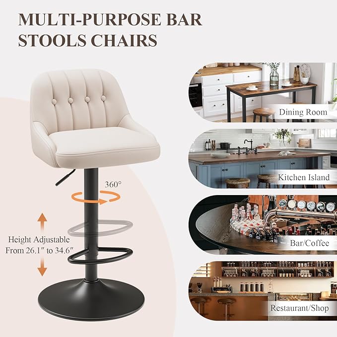 Bar Stools Set of 2, Swivel Bar Chairs, Modern Adjustable PU Leather - Image 6