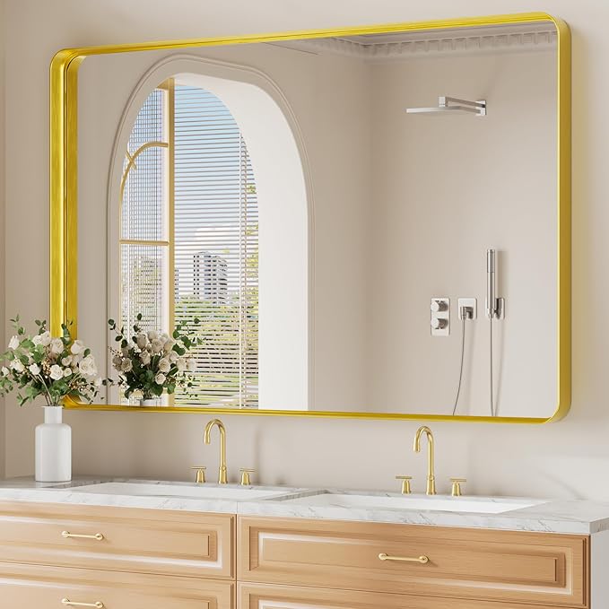 Koonmi Gold Wall Mirror for Bathroom, 36x55 Inch Matte Deep Framed Rounded by KOONMI