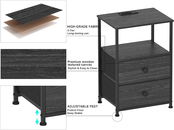 Tohomeor End Table with Charging Station, LED Light, Fabric Drawers, and USB - Image 8