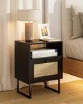 Rattan Nightstand, Boho Night Stand Farmhouse Wood Bedside Table by Unknown