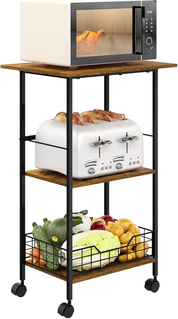 Microwave Cart with Storage, 3-Tier Rolling Kitchen Stand with Wire Basket - Image 9
