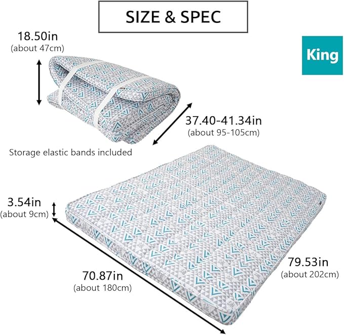 EMOOR Japanese Padded Futon Mattress Machi King Triangle-Gray, Gusset Foldable - Image 2