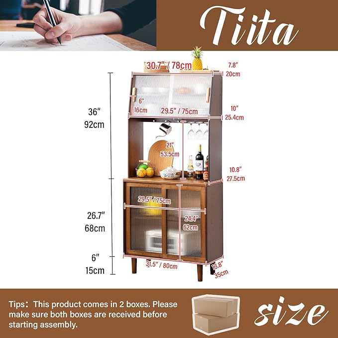 Tiita Kitchen Hutch with Countertop, 69” Rattan Solid Wood Pantry Cabinet with - Image 2