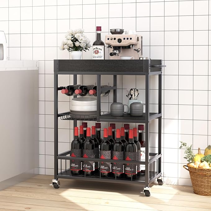 Bar Cart with Basket 3 Tiers Home Rolling Wine Rack with Wheels Mobile Kitchen - Image 5