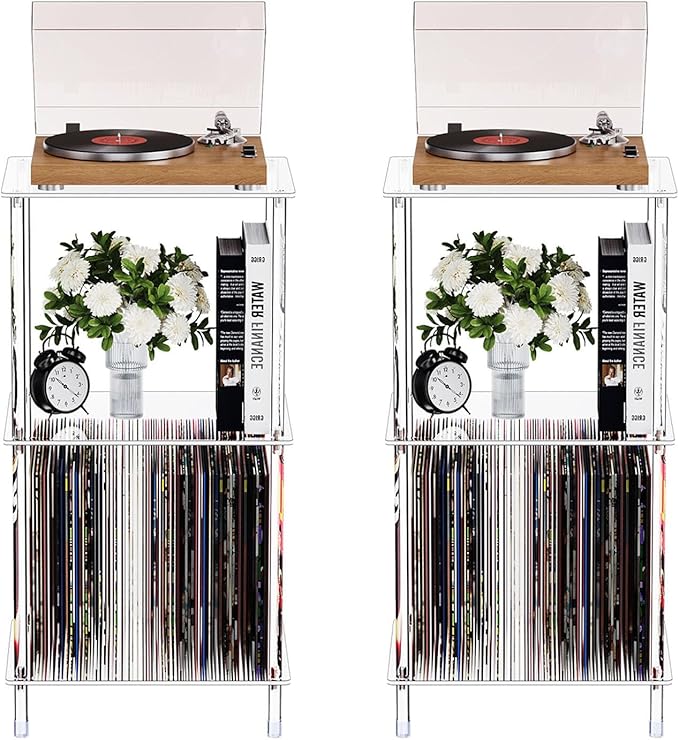 Clear Acrylic Side Table Set of 2, 15.7" L x 11.8" W x 30.7" H, 3-Tier End Table by Bkemiy