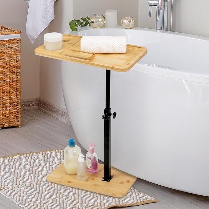 Bamboo Sofa Side Table Adjustable Height, Snack C Shaped End Table - Image 6