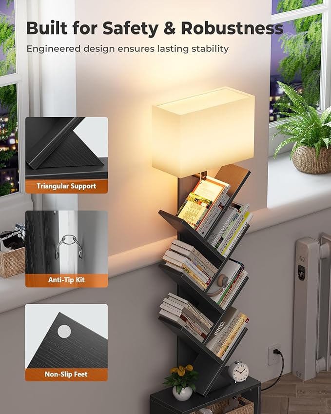 6 Tier Tree Bookshelf with Light, Narrow Bookcase Tower, Tall Floor Standing - Image 7