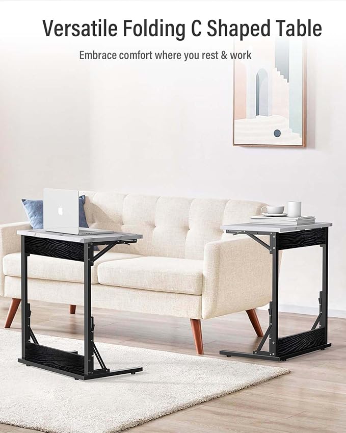Tatub 24" Folding TV Tray Table, Marble C Shaped End Table - Image 3