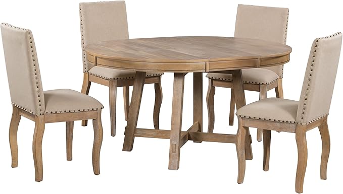 Merax 5-Piece Farmhouse Dining Furniture Set, Wooden Round Extendable Table - Image 6