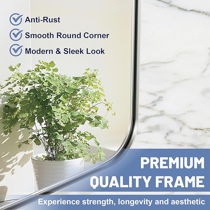 Brushed Nickel Bathroom Mirror, 24x40 Rounded Rectangle Mirror Modern Bathroom - Image 5