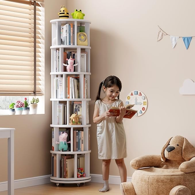 Solid Wood Rotating Bookshelf on Wheels, 6 Tier, Round Revolving Bookcase - Image 3