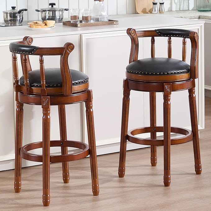 Cow top Leather Wooden Bar Stools, 360 Degree Swivel Bar Height Chair - Image 2