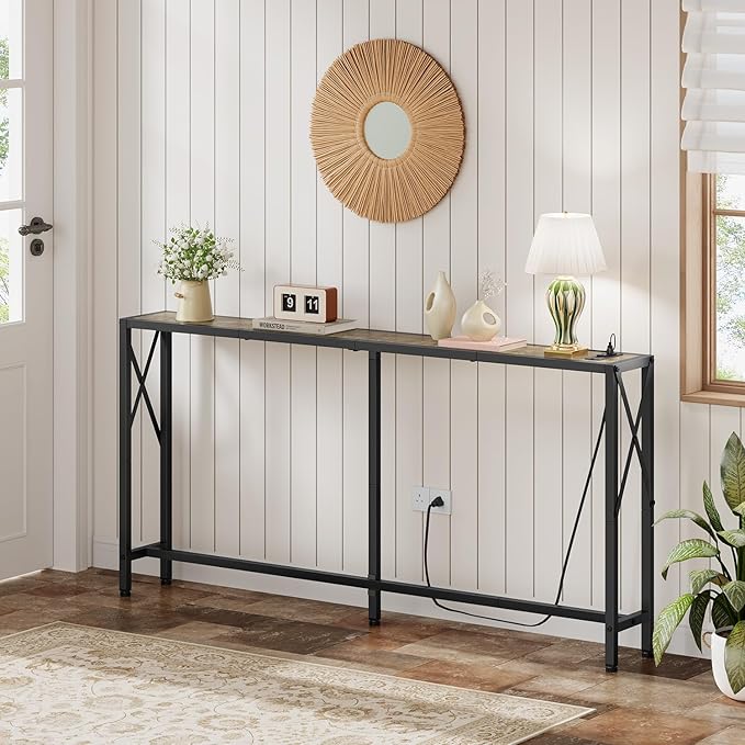 Sofa Table with Oulets and USB Ports, 55.1" Couch Table Behind Sofa, Industrial - Image 2