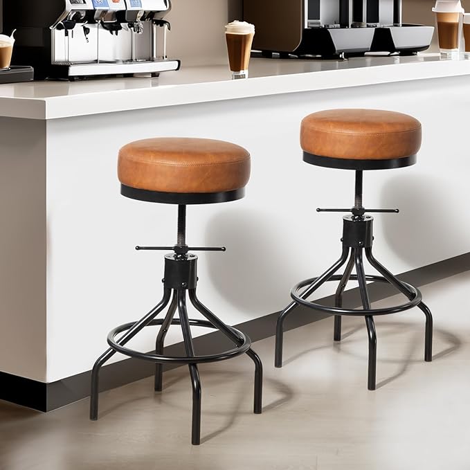 Industrial Bar Stools Adjustable Swivel Round Barstools Modern PU Leather - Image 8