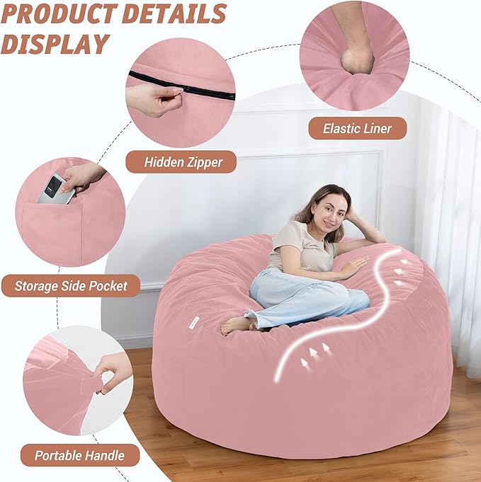 5FT Bean Bag Chair with Ultra Soft Velvet Cover Bean Bag Sofa with Memory Foam - Image 4
