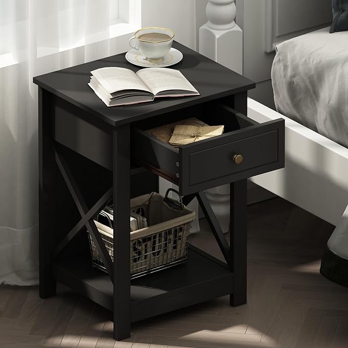 Treocho Black End Table Set of 2, Modern X-Design Night Stand, Bedside End Table - Image 2