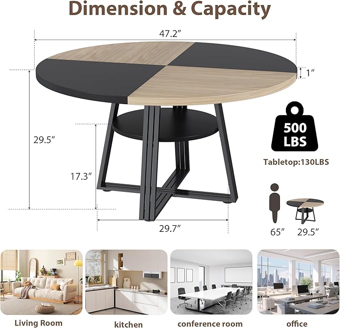 GarveeHome Round Dining Table for 4-6, 47.2" Farmhouse Kitchen Table - Image 2