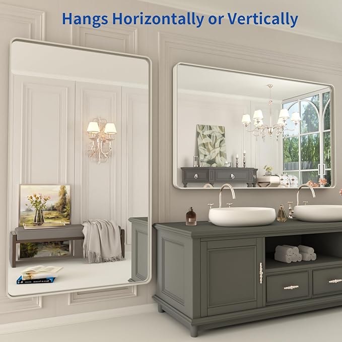 WEER 50X30 Inch Brushed Nickel Bathroom Mirror, Brushed Silver Metal Frame - Image 5
