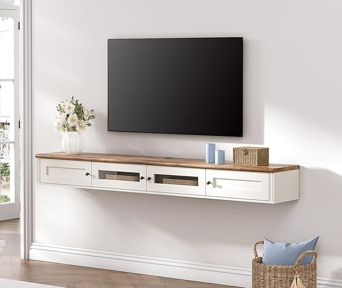 WAMPAT Floating TV Stand for TVs up to 80 Inches, Wooden Wall-Mounted TV Shelf by WAMPAT