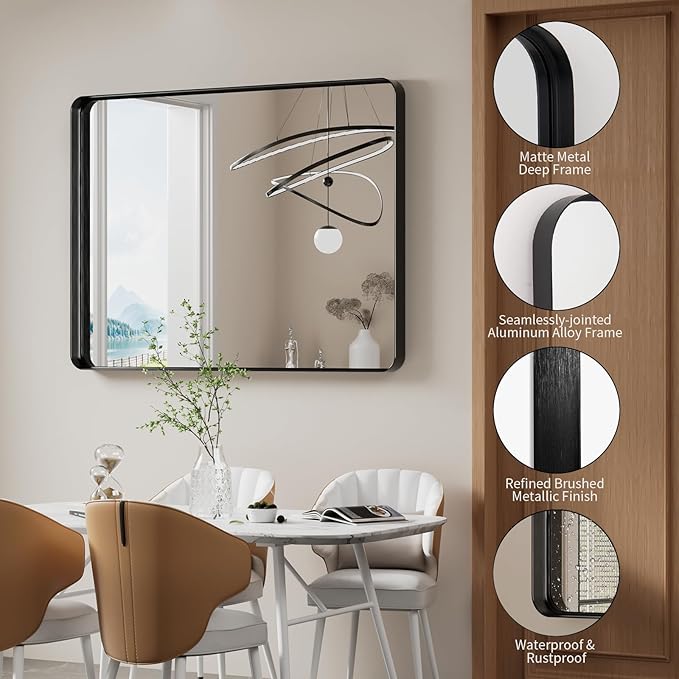 Koonmi Black Wall Mirror for Bathroom, 30x48 Inch Matte Deep Framed Rounded - Image 5