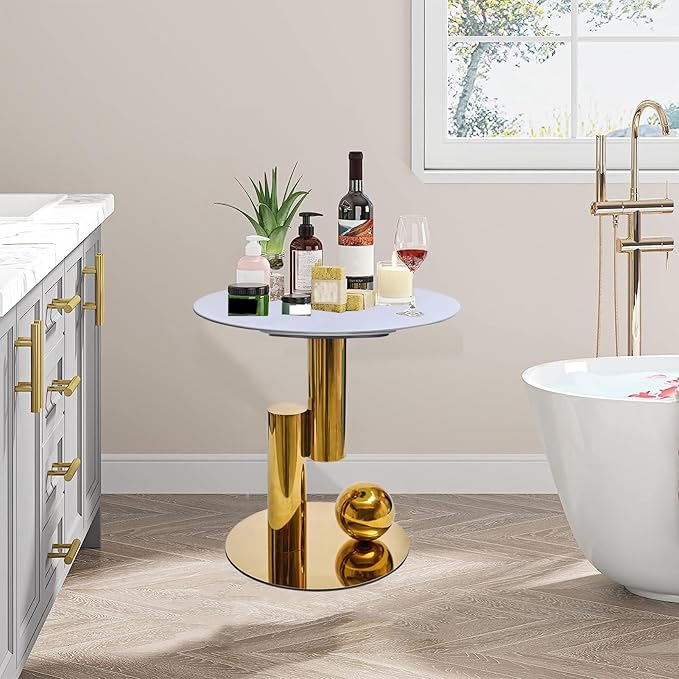 White Gold Round Side Table, 19.7" Faux Marble Sofa End Table, Modern Nightstand - Image 8