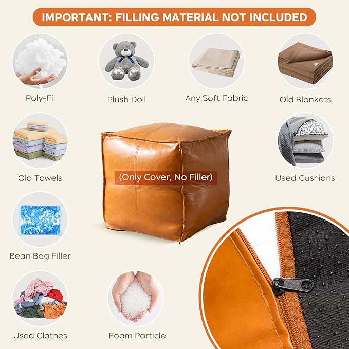 Pouf Ottoman Cover, 17.7" Square Unstuffed Pouf Cover, Faux PU Leather Moroccan - Image 7