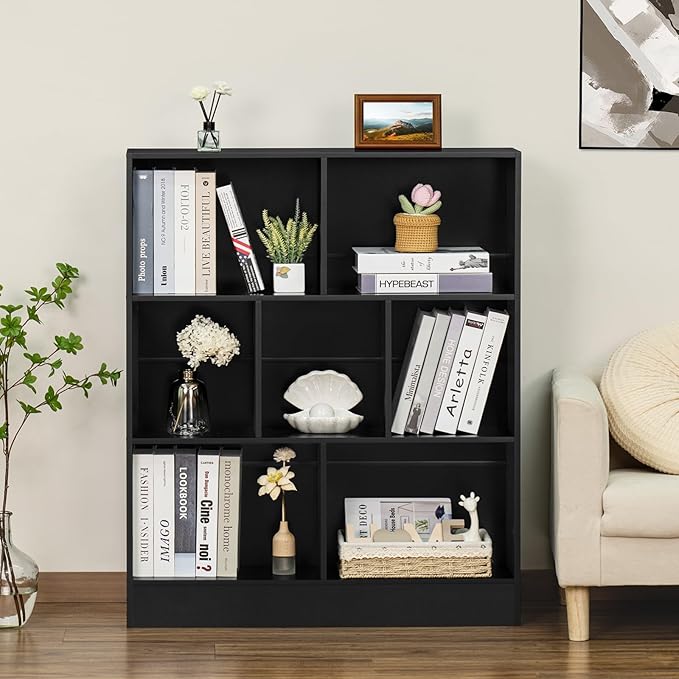 YAHARBO Black 7 Cube Bookshelf, 3 Tier Modern Horizontal Bookcase, Wooden Low - Image 8