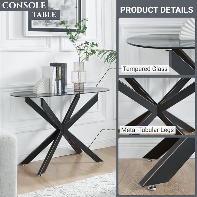 Modern Glass Oval Console Table, Entryway Hallway Narrow Sofa Table, Entrance - Image 3
