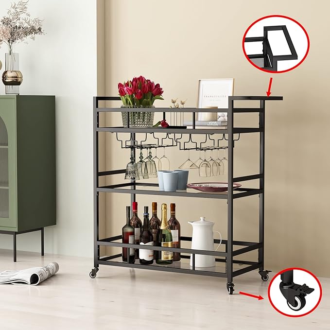 Black Metal Bar Carts with 3 Tier Glass Shelves, Rolling Serving Bar Cart with - Image 2