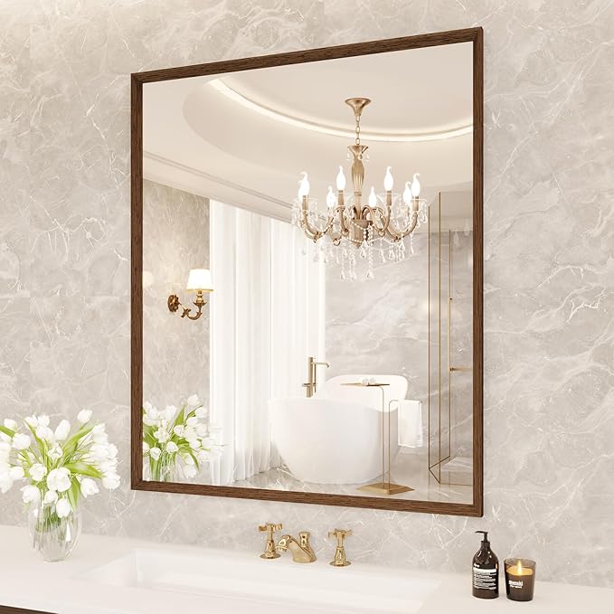 Rectangle Bathroom Mirror 30x36 Inch, Walnut Wood Grain Framed, Anti-Rust & 4mm by JISOSO