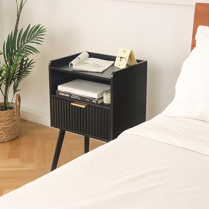 AWASEN Black Fluted Nightstand, Modern Bedside Table - Image 8