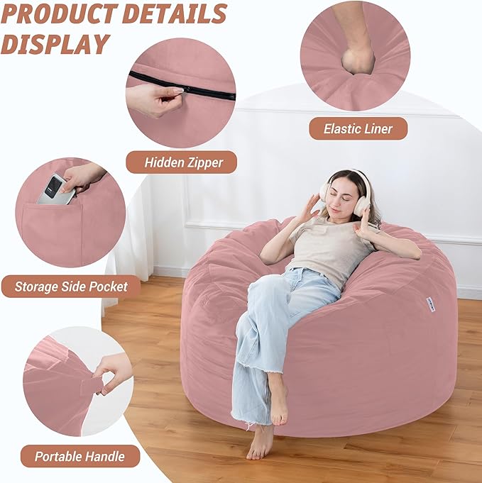 4FT Bean Bag Chair with Ultra Soft Velvet Cover Bean Bag Sofa with Memory Foam - Image 4