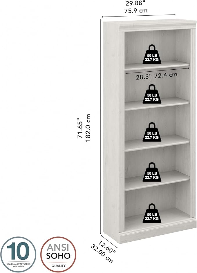 Bush Furniture Saratoga Tall 5 Shelf Bookcase in Linen White Oak, Home Office - Image 3