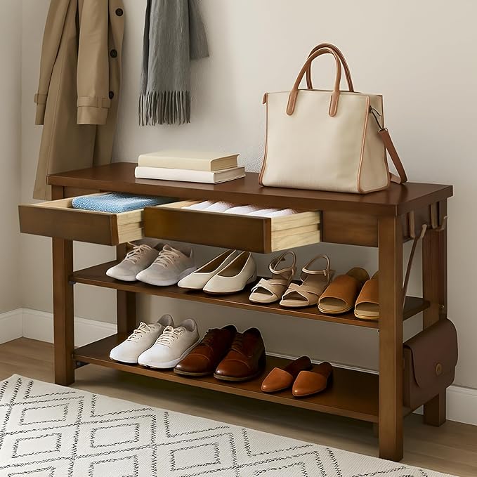 Wood Shoe Bench Entryway with Drawer: 2-Tiers Wooden Storage Shoe Rack with by Unknown