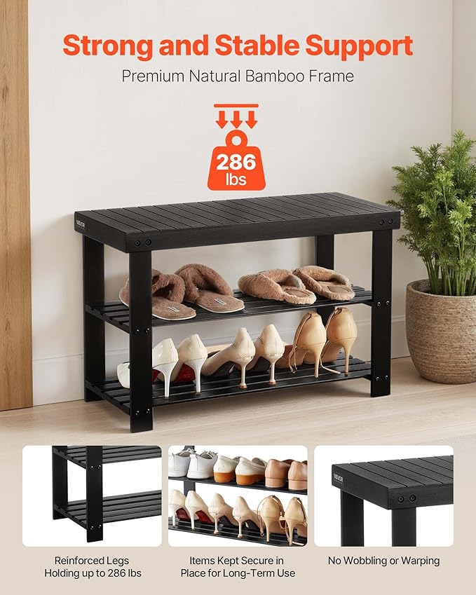 VEVOR Shoe Rack Bench, 3-Tier Bamboo Entryway Bench, Shoe Storage Organizer - Image 5