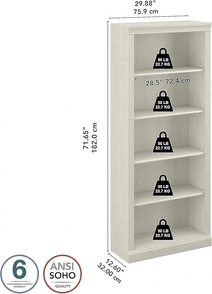 Bush Furniture Saratoga Tall 5 Shelf Bookcase in Linen White Oak, Home Office - Image 6