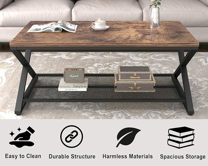 LVB Rustic Coffee Table, Industrial Metal Wood 2 Tier Cocktail Tea Table - Image 3