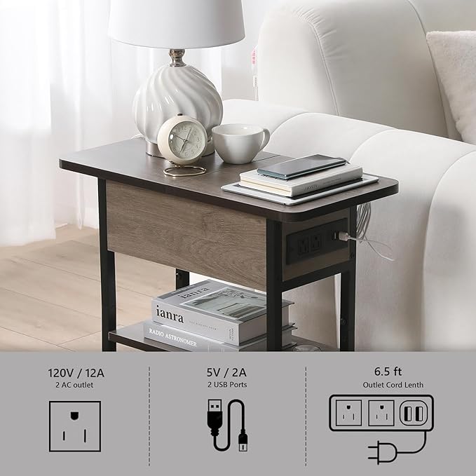Modern End Table with Charging Station, Narrow Side Table with USB Ports & - Image 7
