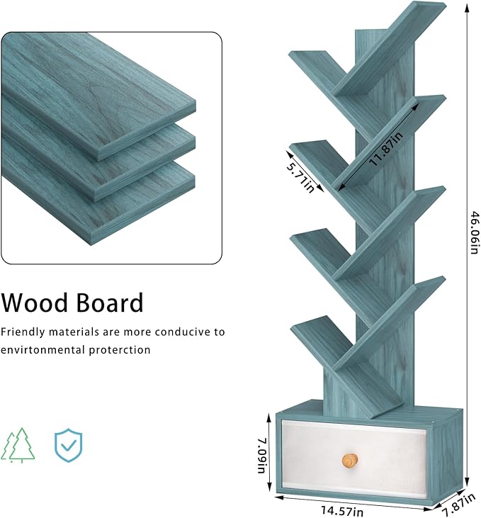 8 Tier Tree Bookshelf with Drawer, Free Standing Wood Bookcase - Image 3