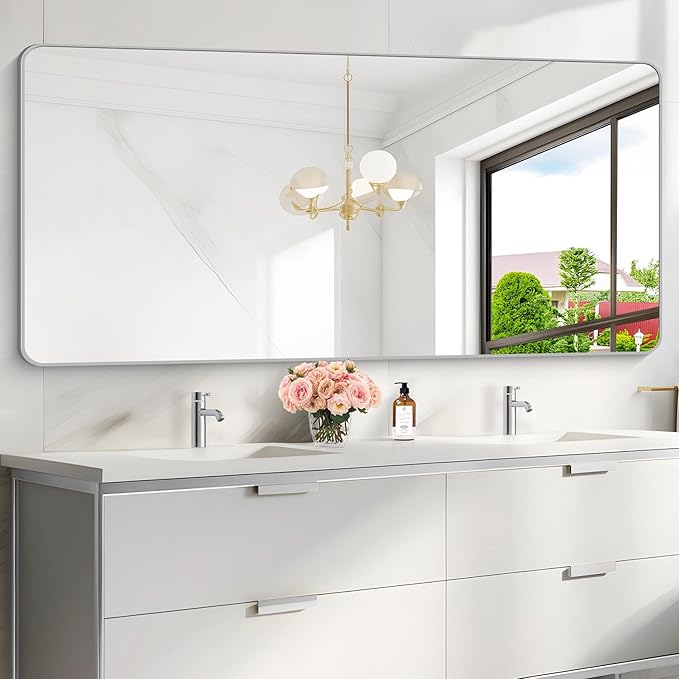 30x60 Inch Silver Bathroom Mirror, Large Rectangular Vanity Mirror, Metal - Image 7