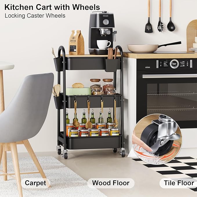 3 Tier Metal Rolling Cart with Wheels and Wooden Table Top, Three Tiered Craft - Image 3