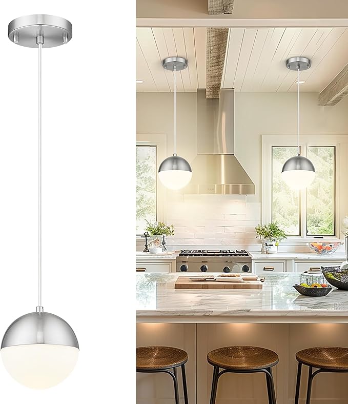 LMS 6-inch Brushed Nickel Pendant Light, Mid Century Kitchen Island Pendant by LMS