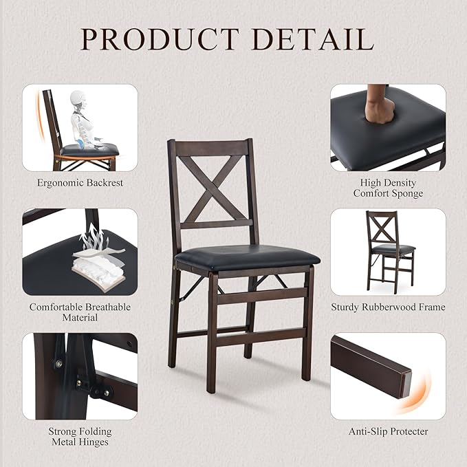 COLAMY Folding Dining Chairs Set of 4 – Dark Brown Wooden Dining Room Chairs - Image 3