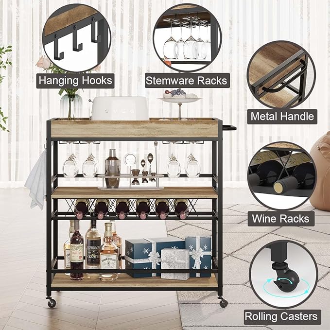 BON AUGURE Bar Cart for The Home, Bar Serving Carts on Wheels, 3 Tier Storage - Image 3