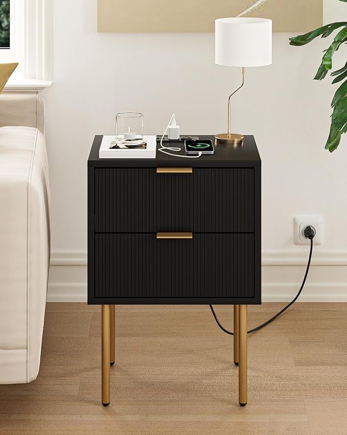 Masupu Nightstand with Charging Station, Mid-Century Modern Bedside Table with - Image 3