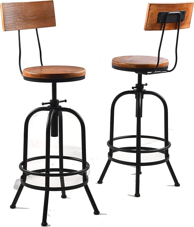 Diwhy Industrial Bar Stool-26-32 Inch Adjustable Swivel Metal Wood Seat Stool by Diwhy