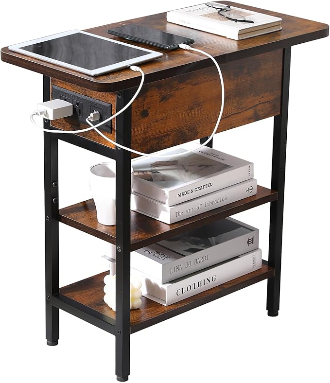 Modern End Table with Charging Station, Narrow Side Table with USB Ports & by SURMIO